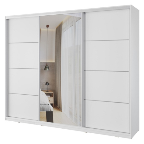 Šatní skříň NEJBY BARNABA 250 cm s posuvnými dveřmi, zrcadlem, 4 šuplíky a 2 šatními tyčemi, bíl Lamivex