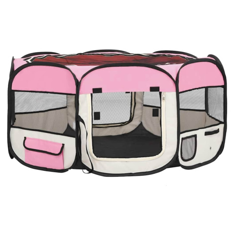 vidaXL Skládací ohrádka pro psy s taškou růžová 145 x 145 x 61 cm