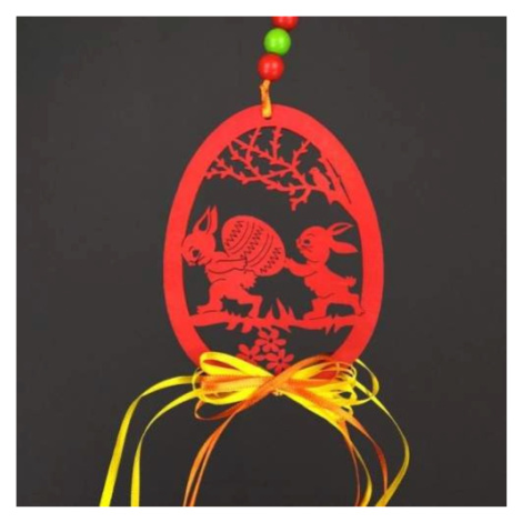Ozdoba vejce dekor zajíci s kraslicí dřevo červená 11cm AMADEA