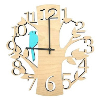 AMADEA Dřevěné hodiny nástěnné ve tvaru stromu s modrým ptáčkem, masivní dřevo, průměr 30 cm