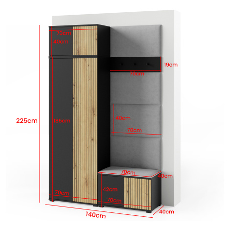 Eka Předsíňová stěna s čalouněnými panely Joey 2 - Černá a Dub Artisan / Hořčicová 2326