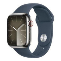 Apple Watch Series 9 Cellular 41mm Stříbrná ocel s bouřkově modrým sportovním řemínkem S/M