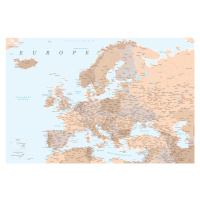 Mapa Light brown and blue detailed map of Europe, Blursbyai, 40 × 26.7 cm