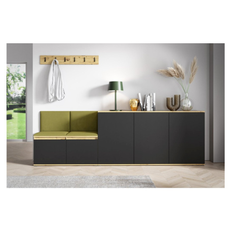 Eka Předsíňová stěna s čalouněnými panely Trinity 35 - Dub Artisan s černou / Khaki zelená 2327