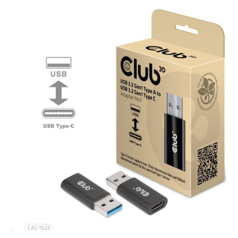 Club3D adaptér USB 3.2 Gen1 Type A na USB 3.2 Gen1 Type C (M/F), černá