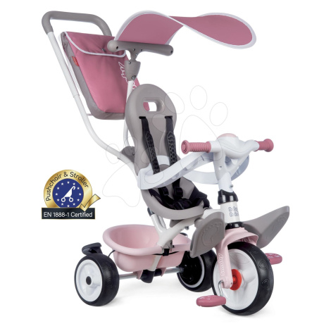 Tříkolka a kočárek v jednom s vysokou opěrkou Baby Balade Plus Tricycle Pink Smoby s brzdou a EV