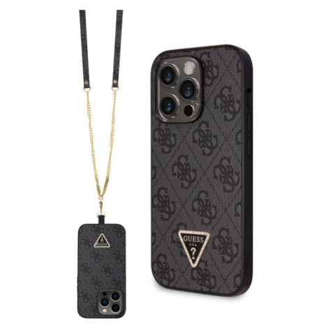 Guess PU 4G Strass Triangle Metal Logo Kryt + Crossbody Popruh iPhone 15 Pro Max černý