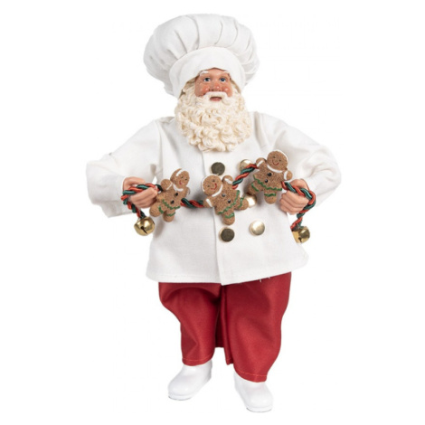 Bílá vánoční dekorace Santa Claus s kuchařskou čepicí a řetězem se třemi perníčky – 27 cm Clayre & Eef