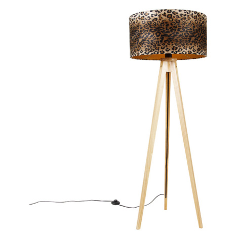 Moderní stojací lampa ze dřeva, leopardí stínidlo 50 cm - stativ Classic QAZQA