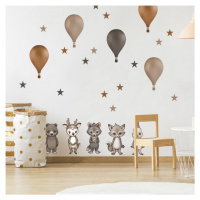 Dětské samolepky na zeď - Lesní zvířátka s balóny v hnědých barvách