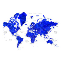 Mapa World map with labels in Spanish, cobalt blue watercolor, Blursbyai, 40 × 26.7 cm