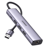 Adaptér UGREEN 5v1 USB-A na 3x USB 3.0 + RJ45 + USB-C (stříbrný)