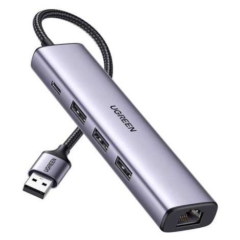 Adaptér UGREEN 5v1 USB-A na 3x USB 3.0 + RJ45 + USB-C (stříbrný)