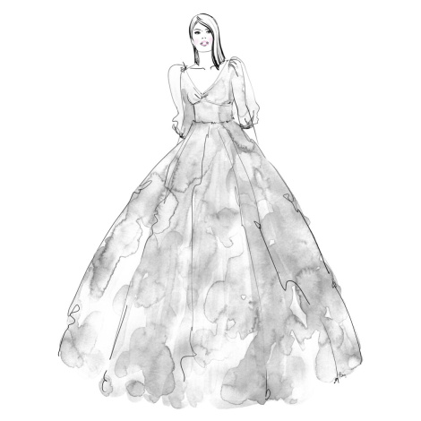 Ilustrace Gray watercolor dress fashion illustration, Blursbyai, (30 x 40 cm)