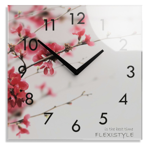 Dekorační skleněné hodiny 30 cm s motivem kvetoucí třešně