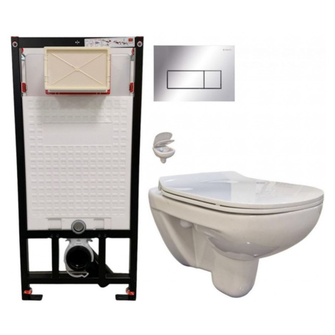 DEANTE Podomítkový rám, pro závěsné WC mísy + SLIM tlačítko chrom + WC bez oplachového kruhu Edg