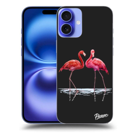 Silikonový černý obal pro Apple iPhone 16 Plus - Flamingos pár