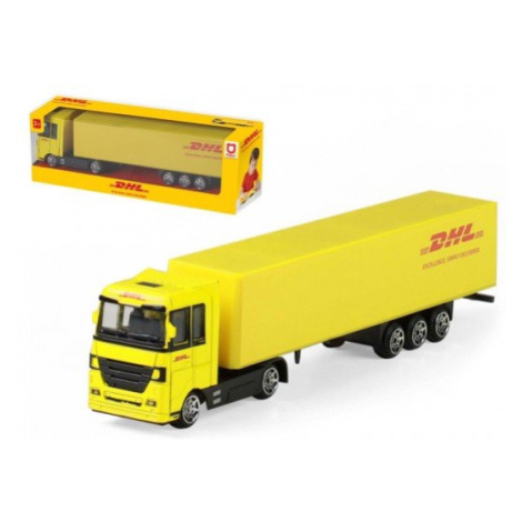 Auto kamion s návěsem DHL plast 19cm na volný chod v krabičce 20x6x4cm