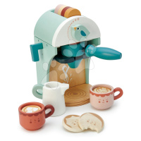 Dřevěný kávovar Cappuccino Babyccino Maker Tender Leaf Toys s dvěma šálky a sušenkami s mlékem