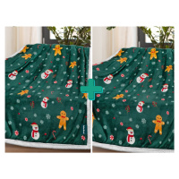 2x Vánoční tmavě zelená beránková deka z mikroplyše SNĚHULÁK A PERNÍČEK 160x200 cm