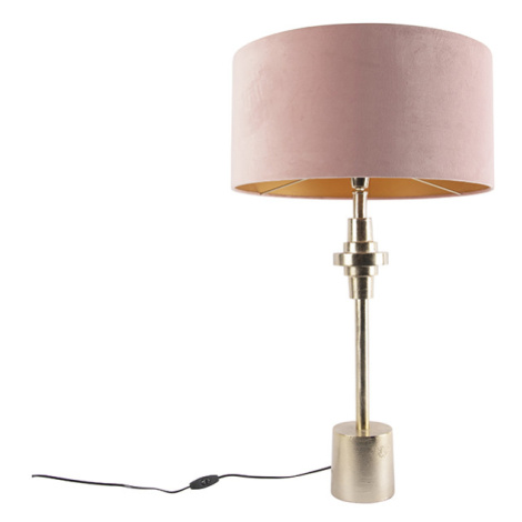 Art Deco stolní lampa zlatý sametový odstín růžová 50 cm - Diverso QAZQA