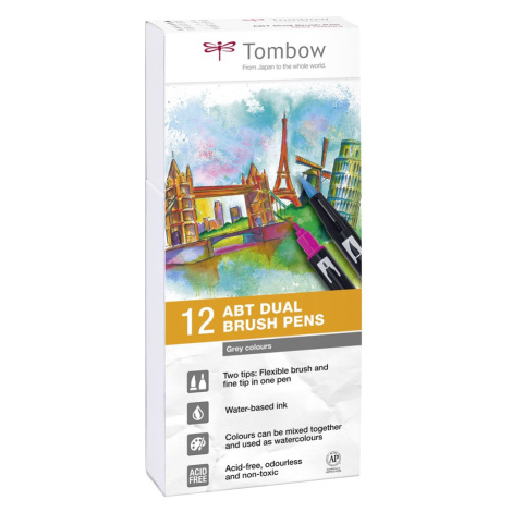 Tombow, ABT-12P-3, ABT Dual Brush pen, oboustranné popisovače, Grey tone, 12 ks