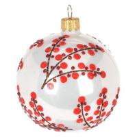 H&L Vánoční ozdoba koule lesklá 8cm, bílá s červenou, jeřabina větev