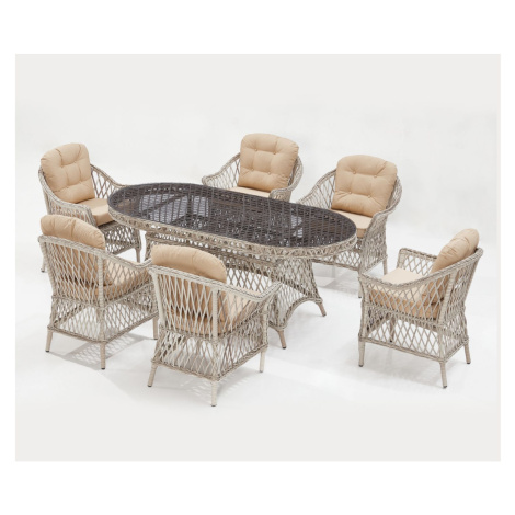 Ratanový zahradní set jídelního stolu a 6 židlí s područkami Orchid, krémová