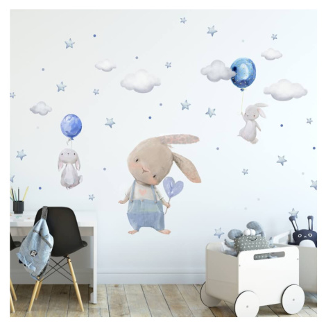Samolepka na zeď - Modré zajíčky s balony INSPIO