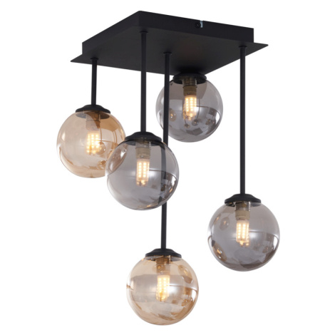 Moderní stropní svítidlo černé s jantarovým a kouřovým sklem 5 světel - Atény QAZQA