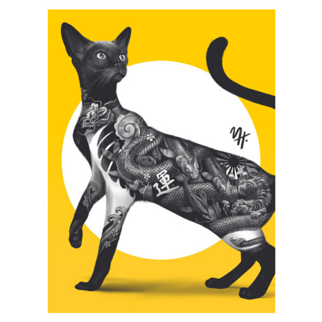 Plakát, Obraz - Japanese Cat Tattoo Yellow, Mark Harrison, 30 × 40 cm