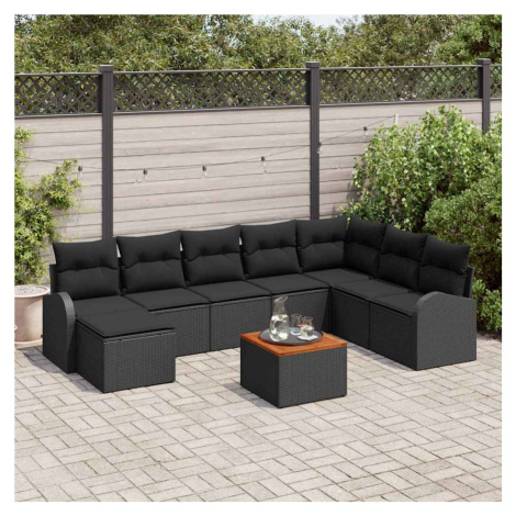 vidaXL 9dílná zahradní sedačka s polštáři, černý poly ratan, akát