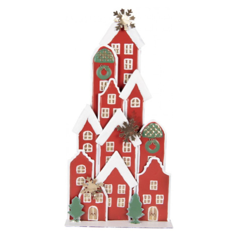 Vánoční dekorace zasněžená vesnička s červenými domečky – 28x8x56 cm Clayre & Eef