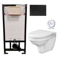 DEANTE Podomítkový rám, pro závěsné WC mísy + SLIM tlačítko černé + WC CERSANIT DELFI + SOFT SED