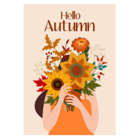 Ilustrace Autumn illustration with a cute girl and a bouquet of flowers. Vector flat design for 