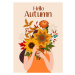 Ilustrace Autumn illustration with a cute girl and a bouquet of flowers. Vector flat design for 