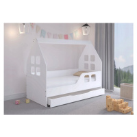 Okouzlující dětská postel se šuplíkem bílé barvy ve tvaru domečku
