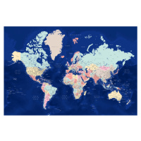 Mapa Blue and pastels detailed world map, Blursbyai, (40 x 26.7 cm)