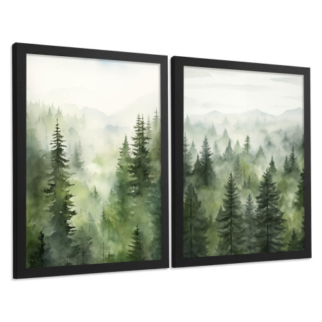Nacnic PLAKAT Sada 2 dekorativních tisků Nordic Forest Landscape Moderní obývák Obrázky - Zelené