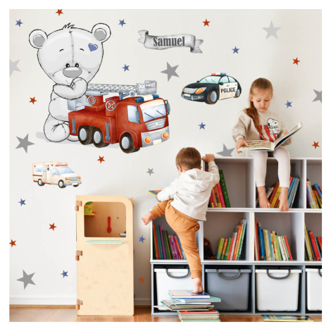 Samolepky na zeď pro kluky - Zásahová auta a medvídek do dětského pokoje INSPIO