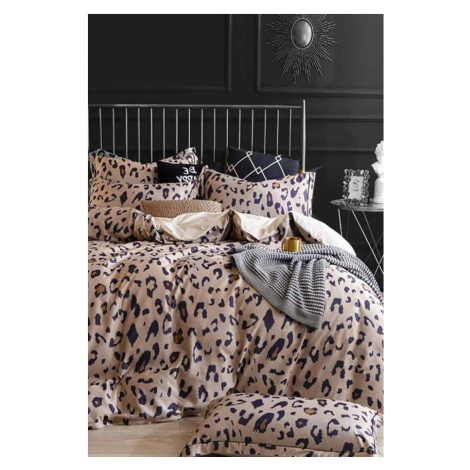 Hnědé prodloužené čtyřdílné bavlněné povlečení na dvoulůžko s prostěradlem 200x220 cm Leopard –  Mila Home