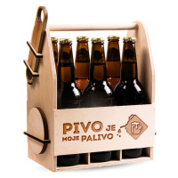 FK Dřevěný nosič na pivo s dřevěným otvírákem + 6ks kulatých podtácků - PIVO JE MOJE PALIVO 32x2