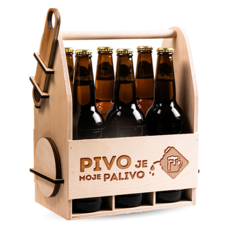 FK Dřevěný nosič na pivo s dřevěným otvírákem + 6ks kulatých podtácků - PIVO JE MOJE PALIVO 32x2