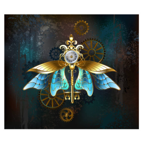 Ilustrace Steampunk key with blue wings, Blackmoon9, 40 × 34.1 cm