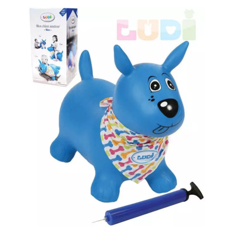 LUDI Pes baby skákací modrý set zvířátko s pumpičkou a šátkem se jmenovkou Alexander