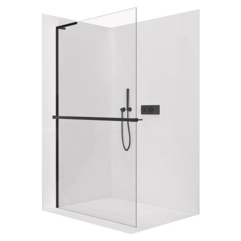 Sprchová zástěna Walk-in Onyx L-levá vzpěra - 8 mm + polička/držák na ručníky - černá matná, tra