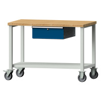 ANKE Kompaktní dílenský stůl, š x h 1140 x 650 mm, 1 zásuvka, masivní buková deska, mobilní