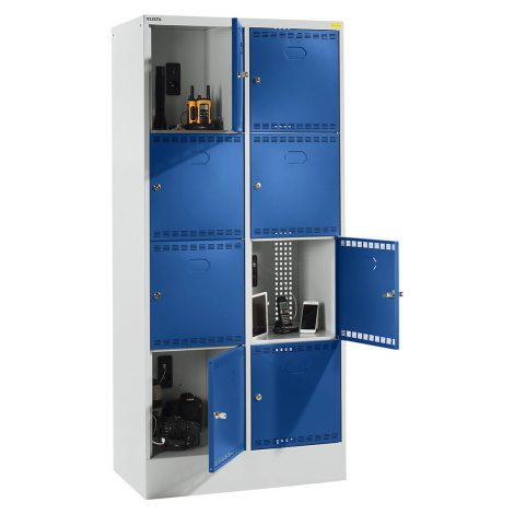 LISTA Skříň pro nabíjení akumulátorů s uzamykatelnými boxy, s 2 x 4 boxy, 2 x 230 V, šedá / modr