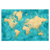 Mapa Detailed world map with cities in gold and teal watercolor, Lexy, Blursbyai, (40 x 26.7 cm)
