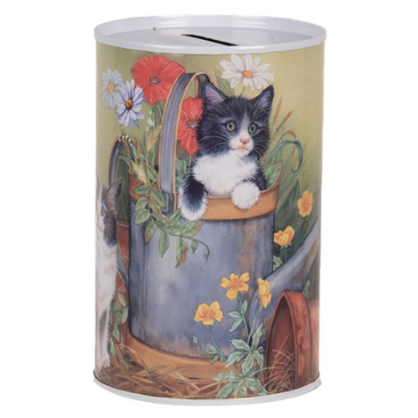 Zeleno-žlutá plechová kasička s kočičkou v konvi – 8x13 cm Clayre & Eef